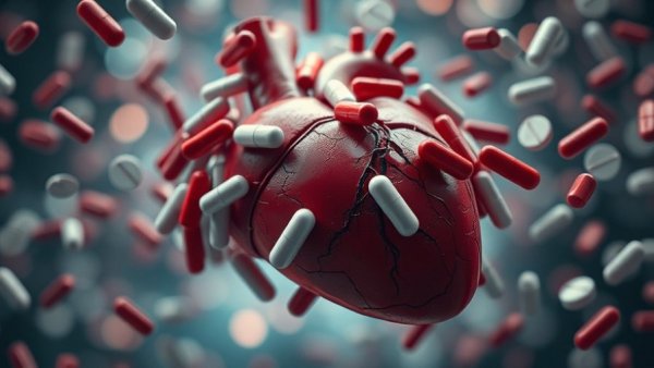 Surreal heart and pills scene illustrating women's risk with beta-blockers.