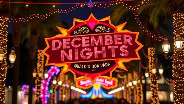December Nights San Diego concert logo with festive lights.