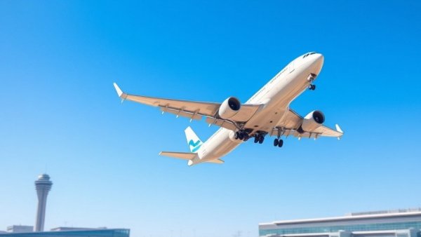 Airplane takeoff amid airport control tower, symbolizing flight cancellations and delays.