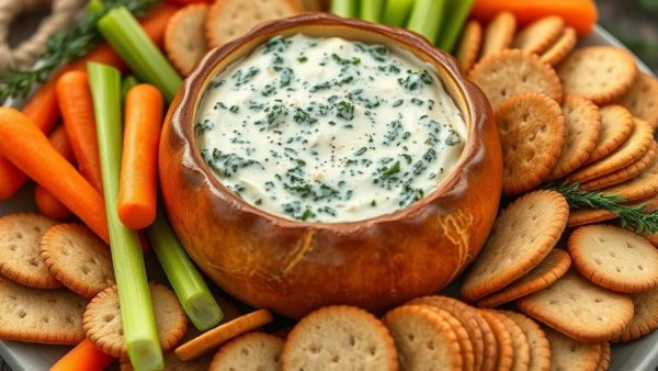 Classic spinach dip in bread bowl with colorful veggies, party platter.
