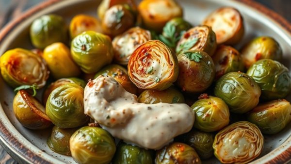 Spicy roasted Brussels sprouts on a plate garnished with herbs.