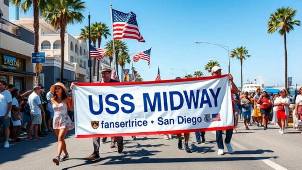Veterans Day parade in San Diego with a USS Midway banner, sunny.