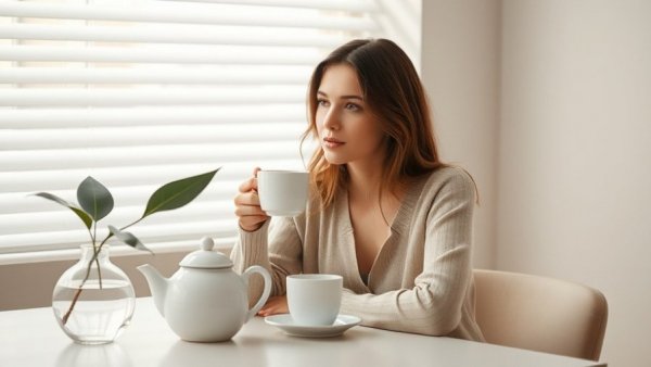 Serene moment enjoying coffee with health benefits in natural light.