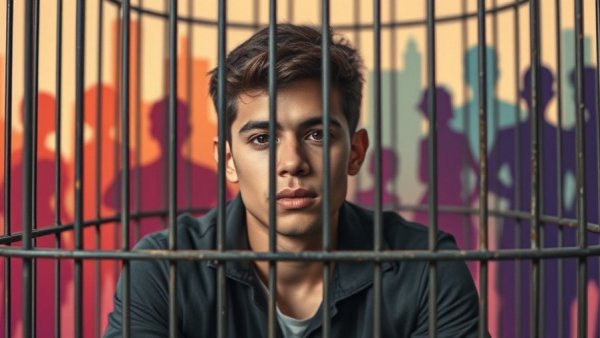 Illustration of a young man in a cage symbolizing overcoming shyness.