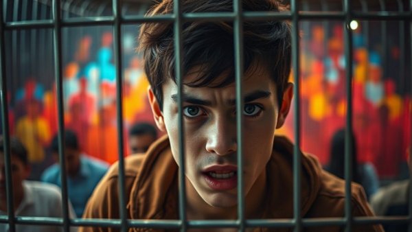 Young man symbolizing overcoming shyness in a cage with abstract crowd.