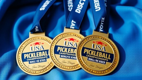 Medals for USA Pickleball National Championships San Diego displayed on a table.