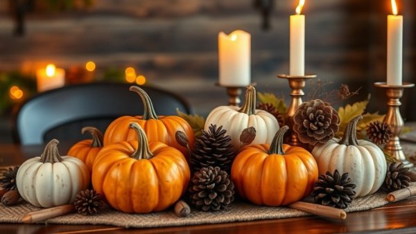 Cozy rustic holiday dinner setup with pumpkins and candles