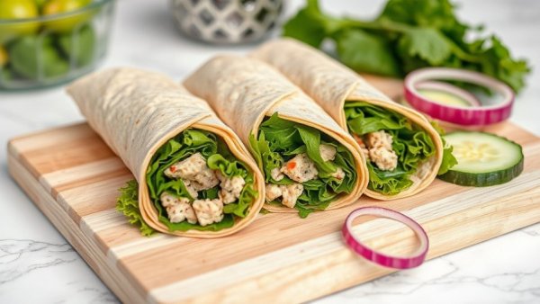 Protein-packed tuna wraps with greens on a cutting board.
