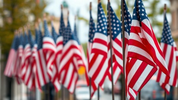 Row of American flags at Veterans Day events Los Angeles.