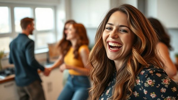 Joyful woman and friends enjoying social connection in kitchen.