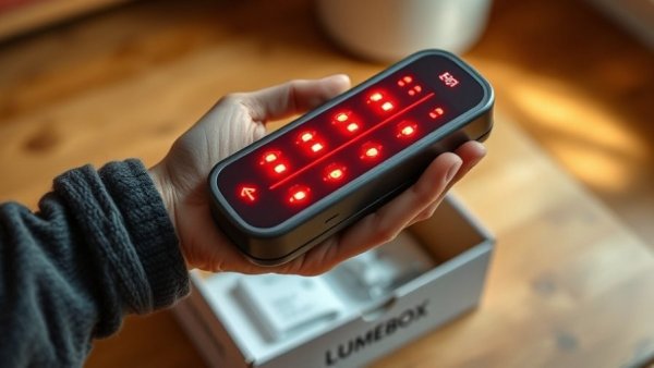 Close-up of Lumebox Red Light Therapy device held over packaging.