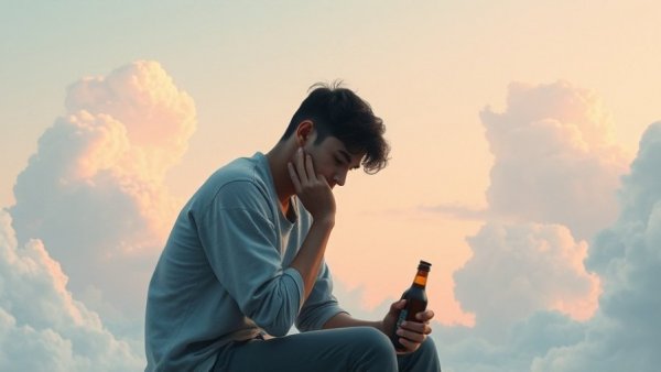 Reflection on setting healthy boundaries in addiction recovery: Man seated thoughtfully in clouds.