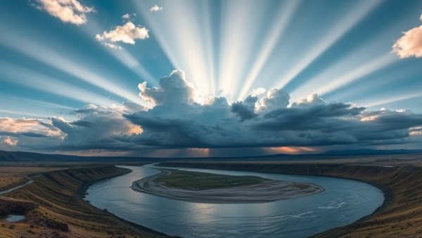 Dramatic sky over Colorado River with clouds and sunlight.