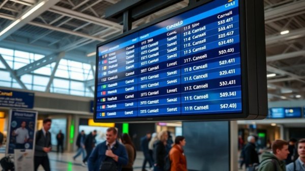 Digital board showing flight cancellations after government shutdown in airport.