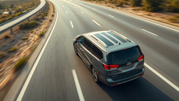 Aerial view of gray minivan in California police pursuit on highway.