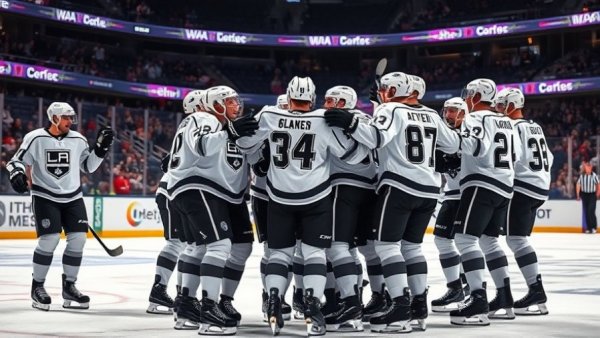 Los Angeles Kings players celebrating on the ice, showcasing road dominance.