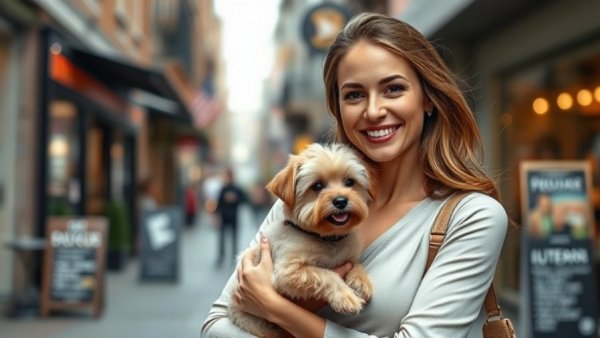Elegant woman walking on street with small dog, health and wellness inspiration.