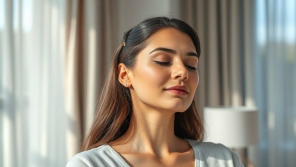 Woman practicing grounding techniques for mental health in calm setting.