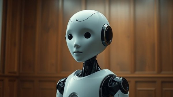 Minimalist humanoid robot representing smart home technology.