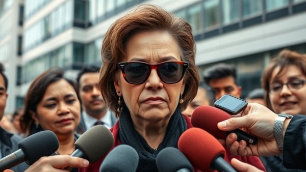 Public corruption charges California: Woman interviewed by reporters outside.