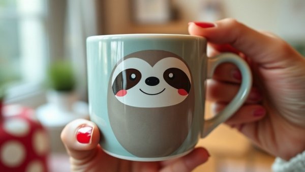 Quirky sloth mug held by person, ideal for gift ideas.