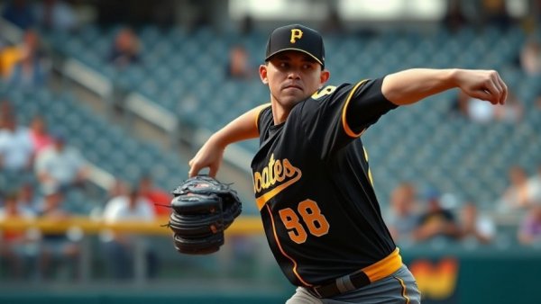 Intense pitcher in action, black and yellow uniform, mid-throw motion.