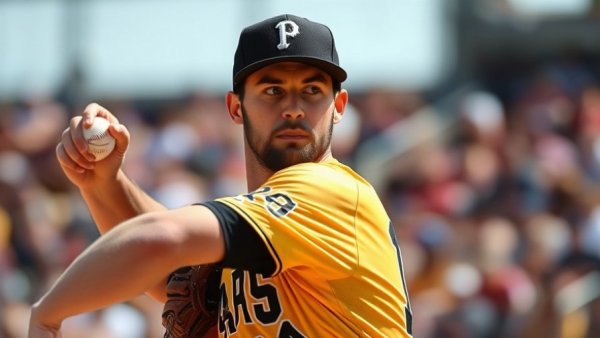 Focused pitcher in black and yellow uniform throwing a baseball.