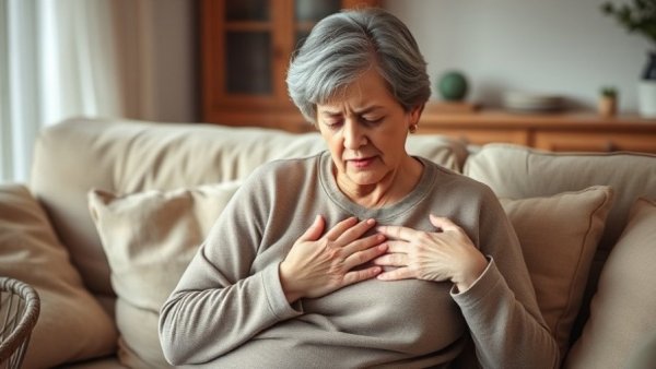 Woman experiencing chest discomfort at home. Ward off heart disease.