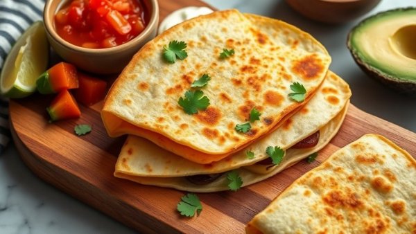 Delicious corn tortilla quesadillas with salsa and sour cream.