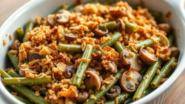 Best Homemade Healthy Green Bean Casserole with crispy onions and breadcrumbs.