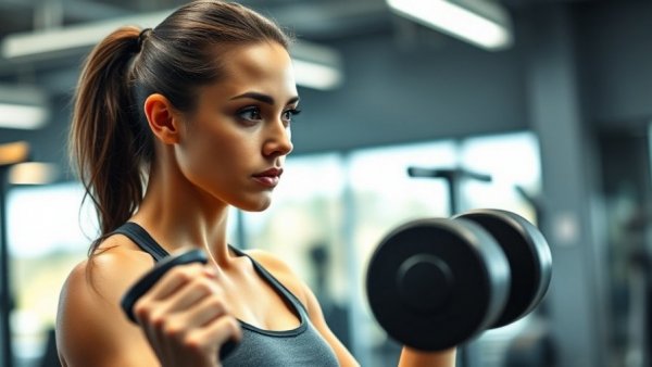 Push day workout for women featuring a focused athlete lifting dumbbells.