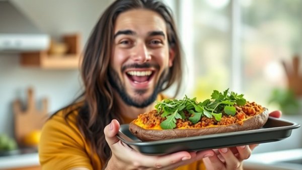 Fuel For Performance Nutrition: Man with healthy vegan dish