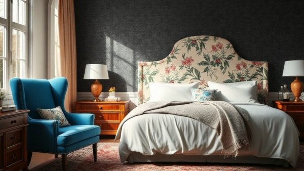 Elegant bedroom with a floral headboard and blue armchair.