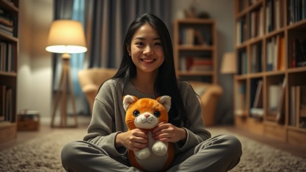 Calm young woman smiling with cat plush, comforting ambiance.