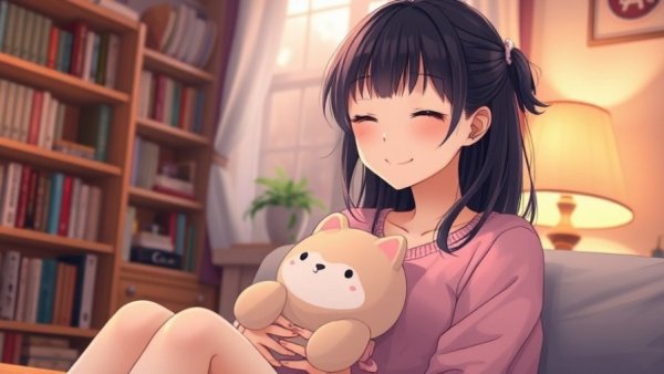 Anime-style young woman finds emotional safety through sensory anchors in a cozy room.