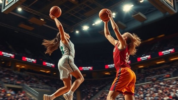 UCLA Women Basketball player shooting during a game against a defender.