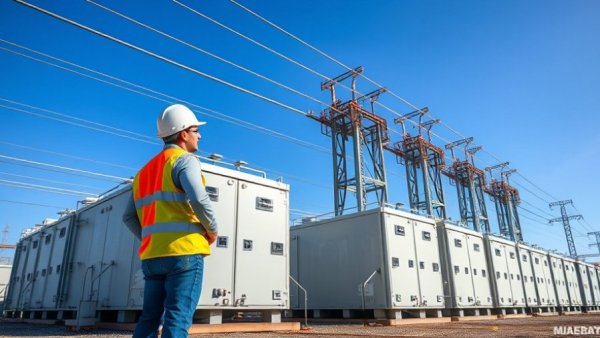 Large battery storage units with worker, showcasing California's energy storage growth.