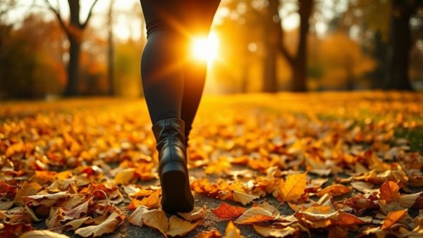 Person walking in sunlit autumn park reflecting homeopathy wellness.