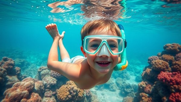 Boy enjoying snorkeling at educational summer camp.
