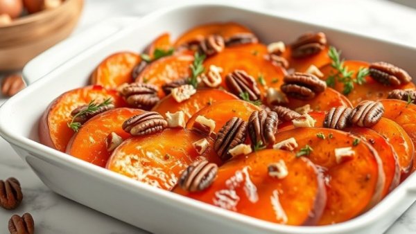 Easy Candied Sweet Potatoes in white dish, topped with pecans and thyme.