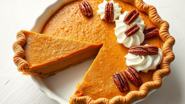 Classic Thanksgiving pumpkin pie topped with pecans.
