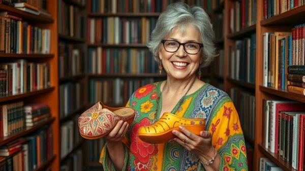 Nancy Silverton Snibbs Clog with colorful attire in a library setting.