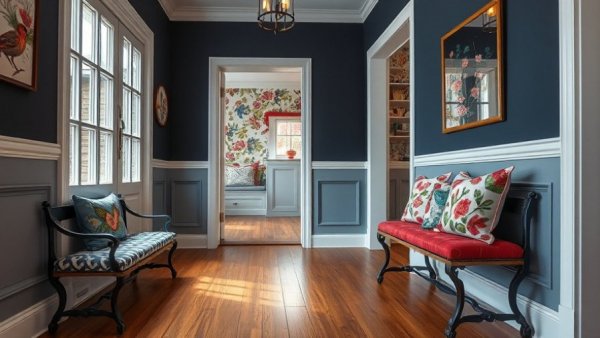 Welcoming foyer design techniques featuring a decorative bench and vibrant decor.