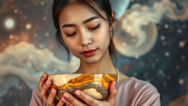 Mindful woman with kintsugi bowl, self-compassion over perfectionism 2025.