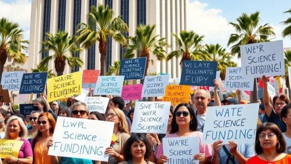 Protesters oppose Trump administration funding threat to University of California.
