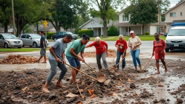 Southern California storm cleanup, residents clearing debris.