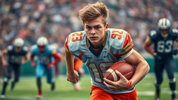 Roosevelt football player running with ball in quarterfinals win.