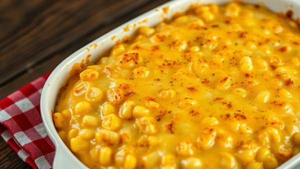 Cheesy creamy corn casserole served in a white dish on a wooden table.