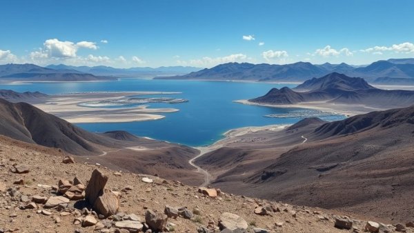 Dramatic view of Lake Mead showing low water levels, California Water Crisis.