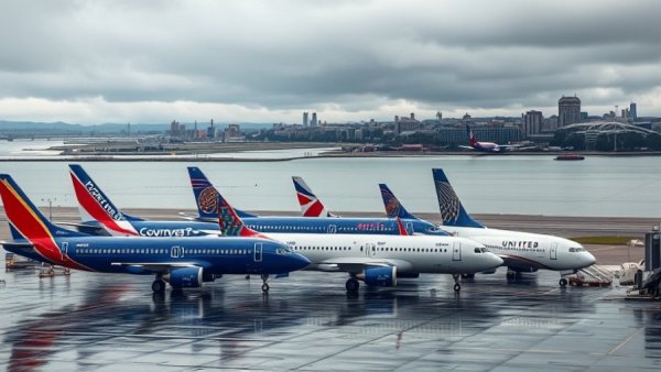 Airplanes at airport during air traffic controller shortage, rainy day.
